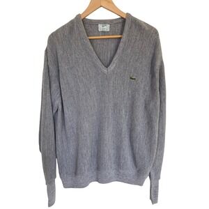 Vintage Izod Lacoste Mens Gray V-Neck‎ Orlon Acrylic Sweater Made in USA Large